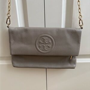Tory Burch Taupe Pebbled Leather Fold-Over Crossbody with Gold Chain